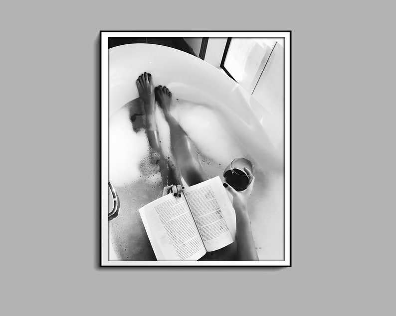Woman Drinking Wine & Reading in Bathtub Print, Feminist Poster, Black and White, Cocktail Wall Art, Girls Bathroom Decor, Digital Download