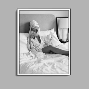 Woman Reading Newspaper in Bed Print, Black And White, Fashion Wall Art, Luxury Poster, Digital Download, Girl Room Decor, Vintage Prints