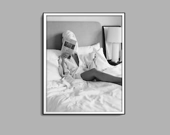 Woman Reading Newspaper in Bed Print, Black And White, Fashion Wall Art, Luxury Poster, Digital Download, Girl Room Decor, Vintage Prints
