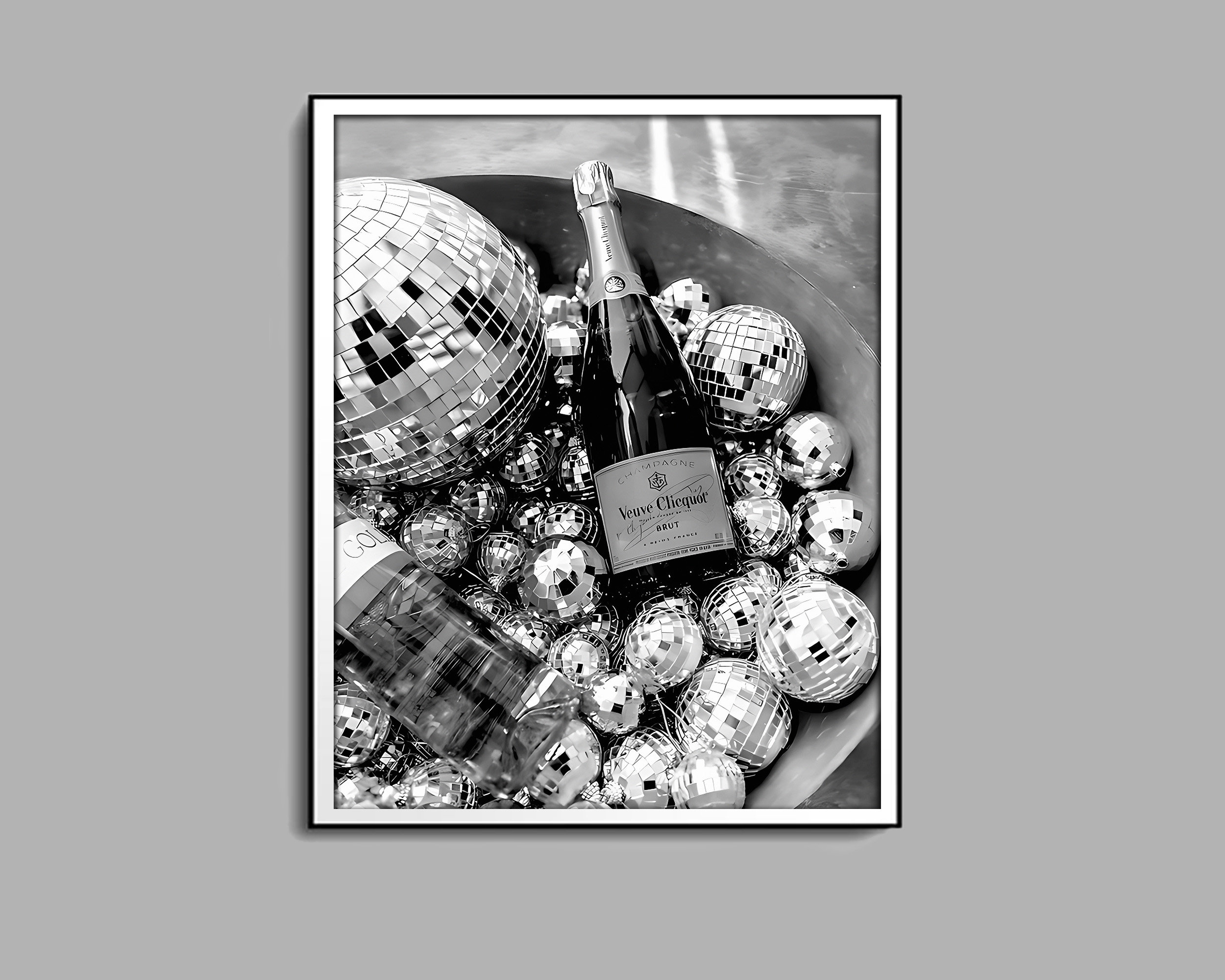 Disco Ball Champagne Poster, Bar Cart Print, Black and White, Funky Trendy Wall Art, Disco Party Decor, Cocktail Wall Art, Vintage Bar Print