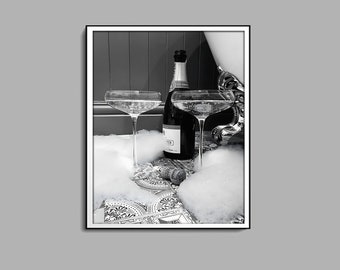 Champagne In Bubble Bath Poster, Black And White, Bathroom Decor, Champagne Print, Alcohol Wall Art, Bar Cart Print, Digital Download Print