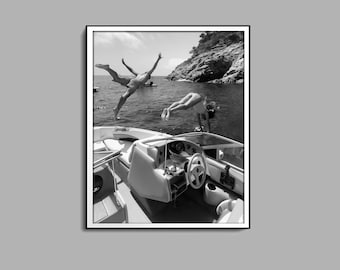 Vintage Sail Boat Ocean Jump Print, Black And White, Summer Poster, Beach House Decor, Digital Download, Nautical Prints, Printable Wall Art