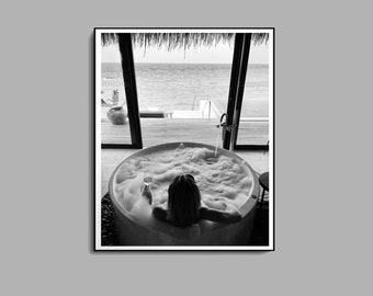 Woman Drinking Wine in Bathtub Print, Bar Cart Poster, Black and White, Printable Bathroom Wall Art, Girl Bathroom Decor, Digital Download