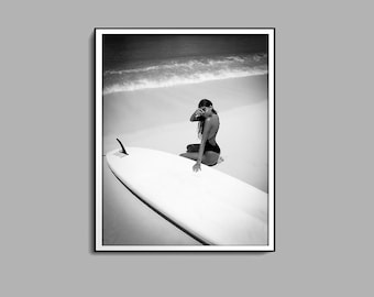 Surfer Girl Wall Art, Black And White, Vintage Surfing Print, Surfboard Poster, Beach House Decor, Summer Poster, Girl Room Decor, Printable