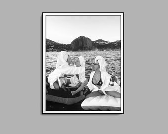 Woman Eating Pasta on Lake Print, Wine Poster, Bar Cart Wall Art, Black and White, Photography Prints, Dining Room Decor, Spaghetti Poster
