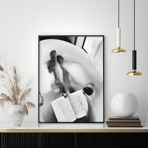 Woman Drinking Wine & Reading in Bathtub Print, Feminist Poster, Black and White, Cocktail Wall Art, Girls Bathroom Decor, Digital Download