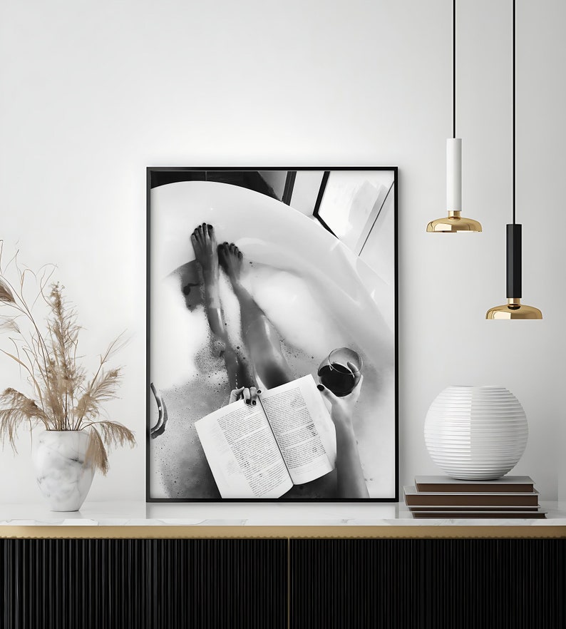 Woman Drinking Wine & Reading in Bathtub Print, Feminist Poster, Black and White, Cocktail Wall Art, Girls Bathroom Decor, Digital Download