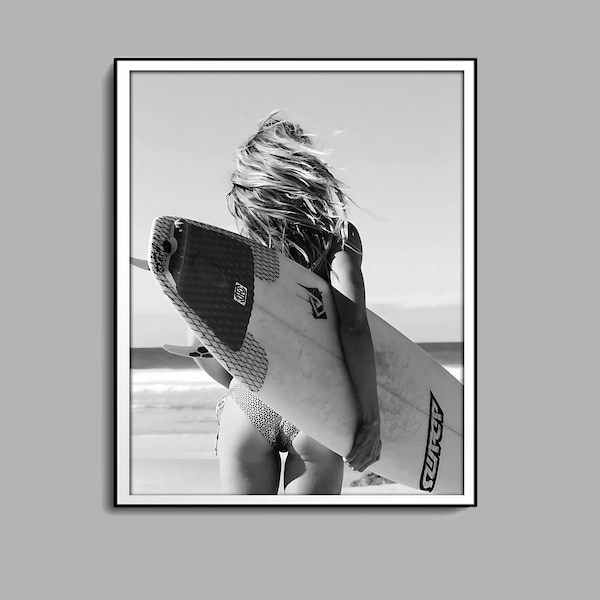 Surfer Girl Poster, Black And White, Digital Download, Vintage Surfer Print, Surfer wall Art, Vintage Beach Print, Surfer Woman Print, Decor
