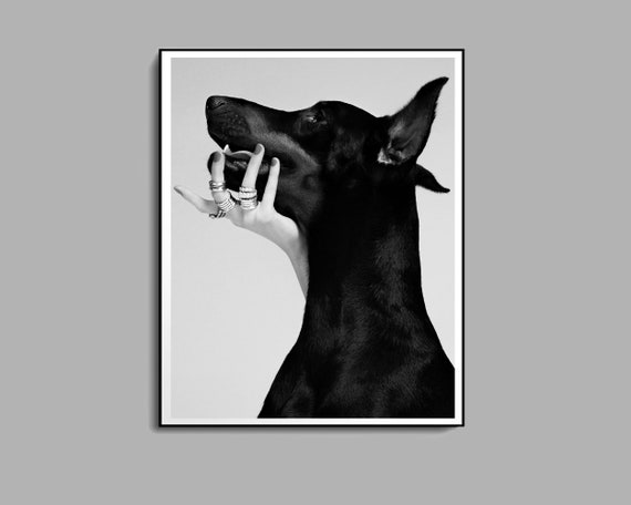 Doberman Pinscher Poster, Black and White, Luxury Fashion Print, Doberman Wall Art, Teen Girl Room Decor, Dog Print, Digital Download, Gifts