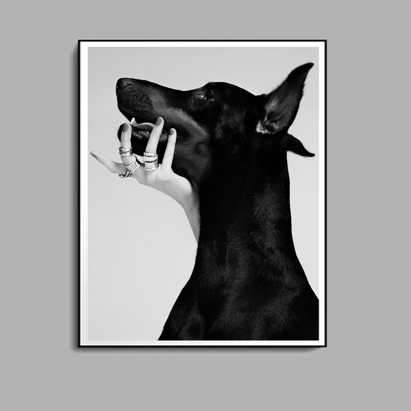 Doberman Pinscher Poster, Black and White, Luxury Fashion Print, Doberman Wall Art, Teen Girl Room Decor, Dog Print, Digital Download, Gifts