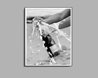 Champagne Bottle Print, Black And White, Alcohol Poster, Bar Cart Print, Vintage Bar Decor, Champagne Poster, Digital Download, Bar Wall Art
