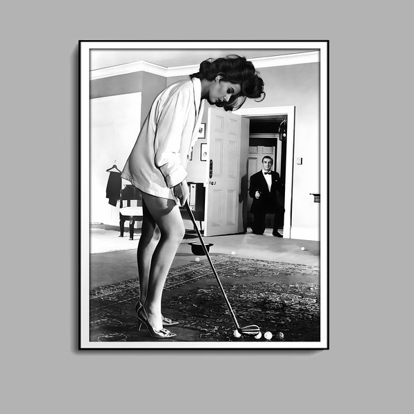 Sean Connery with Eunice Gayson In Dr NO Print, Golf Black and White Wall Art, Vintage Print, Digital Download, Old Hollywood Decor, Canvas
