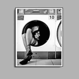 Woman Drinking Wine in Washing Machine Print, Black and White, Feminist Poster, Funny Wall Art, Vintage Laundry Poster, Printable Room Decor