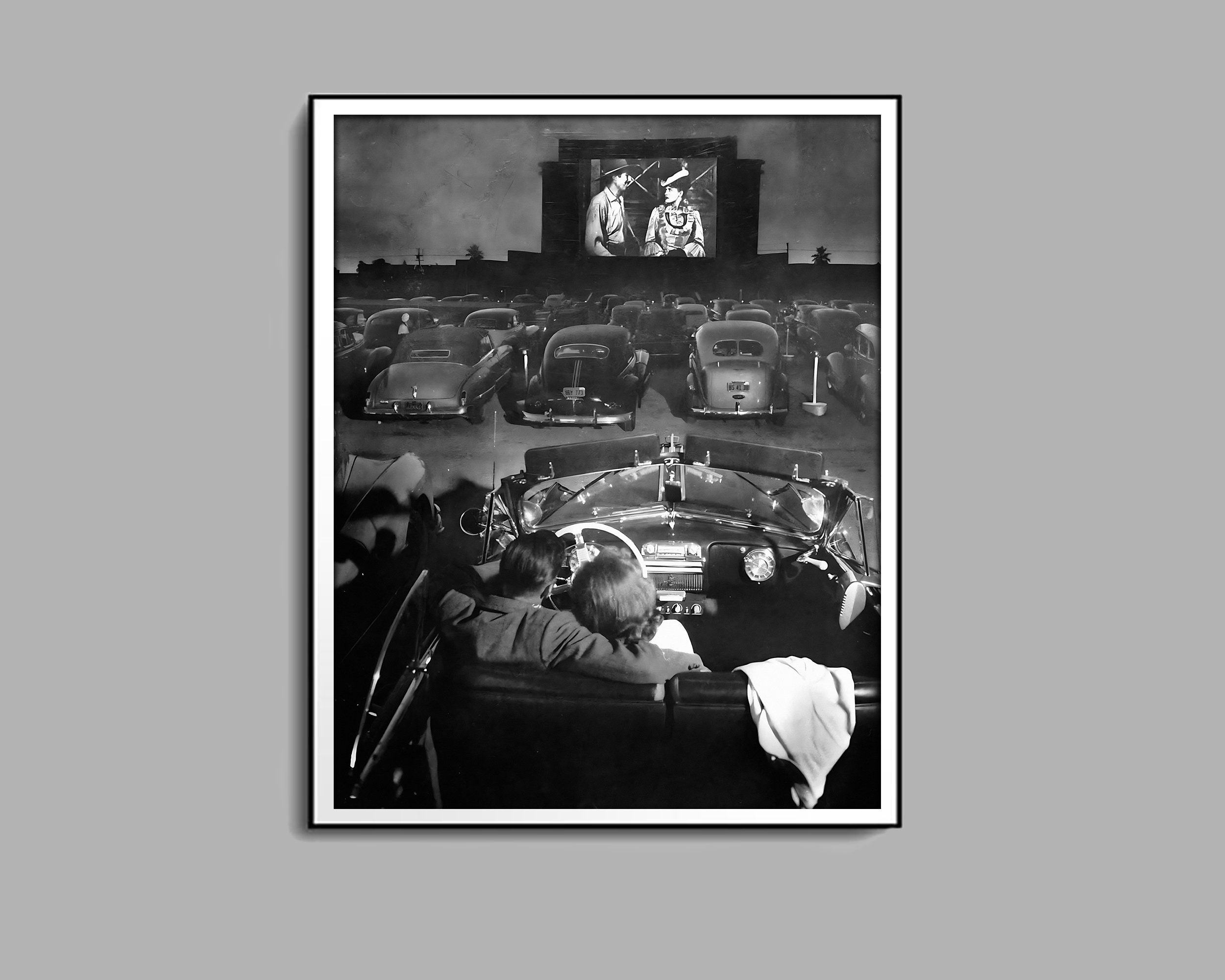 Young Couple Watching Movie in Drive-In Cinema Print, Black and White, Wall Art, Vintage Print, Photography Prints, Museum Quality Print