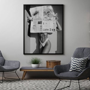 Woman Reading Newspaper Print, Black and White, Fashion Wall Art, Luxury Poster, Digital Download, Photography Prints, Summer Poster