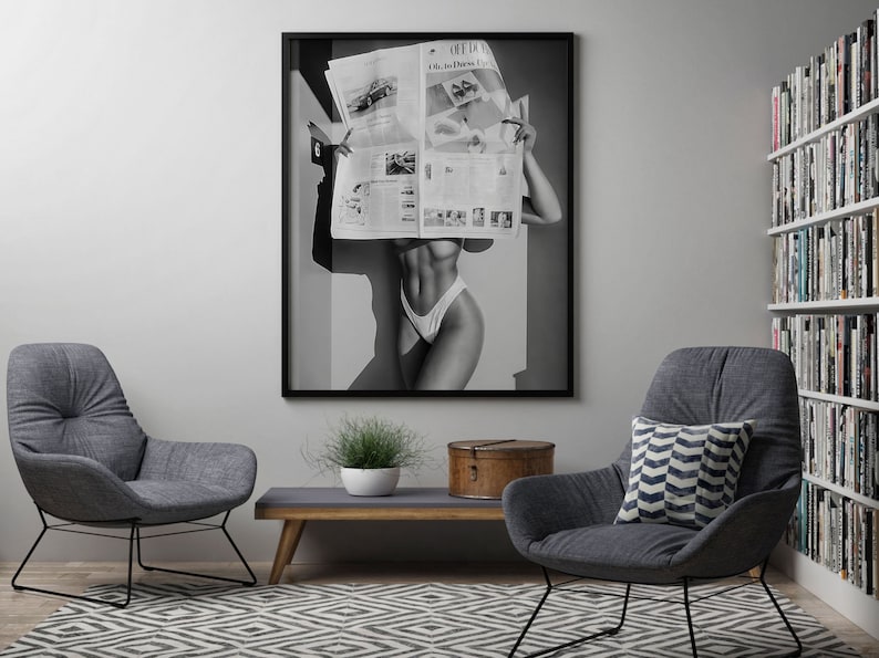 Woman Reading Newspaper Print, Black and White, Fashion Wall Art, Luxury Poster, Digital Download, Photography Prints, Summer Poster