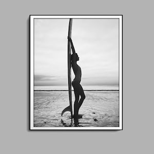 Surfer Girl Poster, Surfboard Wall Art, Black and White Wall Art, Luxury Fashion Print, Beach Photography, Summer Poster, Beach House Decor