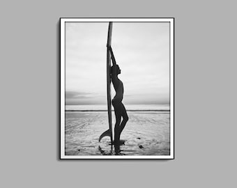Surfer Girl Poster, Surfboard Wall Art, Black and White Wall Art, Luxury Fashion Print, Beach Photography, Summer Poster, Beach House Decor