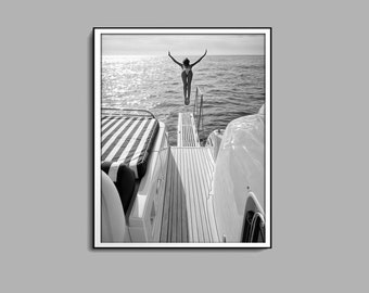 Vintage Ocean Jump Print, Black And White Sail Boat Print, Yacht Wall Art, Summer Poster, Boat Photography, Digital Download, Fine Art Print