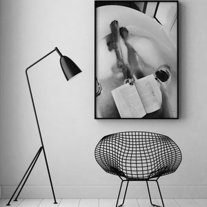 Woman Drinking Wine & Reading in Bathtub Print, Feminist Poster, Black and White, Cocktail Wall Art, Girls Bathroom Decor, Digital Download