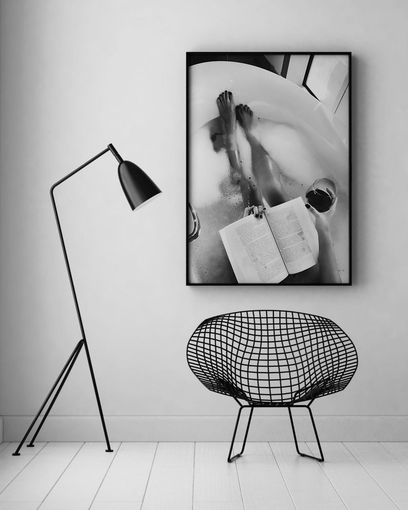 Woman Drinking Wine & Reading in Bathtub Print, Feminist Poster, Black and White, Cocktail Wall Art, Girls Bathroom Decor, Digital Download