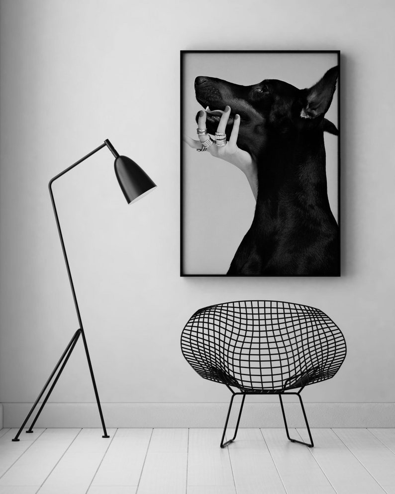 Doberman Pinscher Poster, Black and White, Luxury Fashion Print, Doberman Wall Art, Teen Girl Room Decor, Dog Print, Digital Download, Gifts