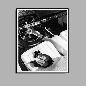 affiche de voiture vintage, noir et blanc, impression de mode, talons hauts, art mural féministe, décoration de chambre d&#39;adolescente, art mural imprimable, impressions de luxe