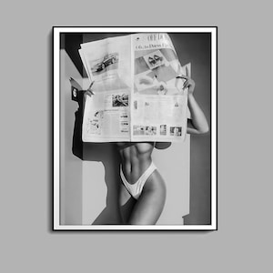 Woman Reading Newspaper Print, Black and White, Fashion Wall Art, Luxury Poster, Digital Download, Photography Prints, Summer Poster