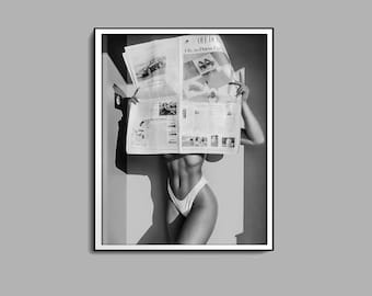 Woman Reading Newspaper Print, Black and White, Fashion Wall Art, Luxury Poster, Digital Download, Photography Prints, Summer Poster