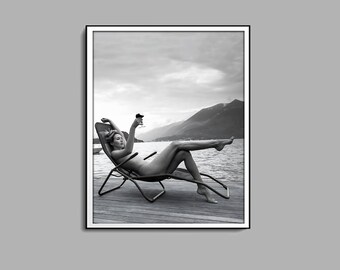 Woman Drinking Wine in Beach Print, Black And White Bar Cart Print, Summer Prints, Alcohol Wall Art, Beach House Decor, Digital Download