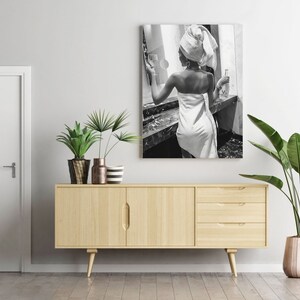 Woman Drinking Wine in Bathroom Poster, Bar Cart Print, Black and White, Printable Fashion Wall Art, Feminist Poster, Girls Bathroom Decor