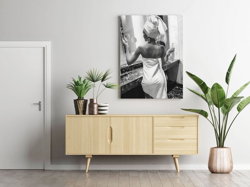 Woman Drinking Wine in Bathroom Poster, Bar Cart Print, Black and White, Printable Fashion Wall Art, Feminist Poster, Girls Bathroom Decor