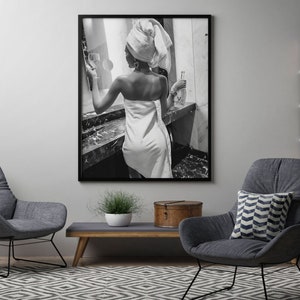 Woman Drinking Wine in Bathroom Poster, Bar Cart Print, Black and White, Printable Fashion Wall Art, Feminist Poster, Girls Bathroom Decor