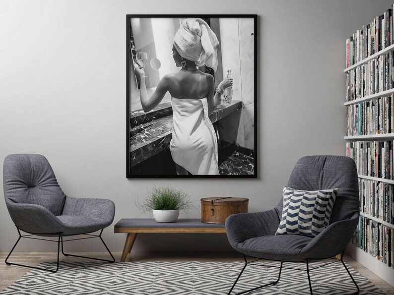 Woman Drinking Wine in Bathroom Poster, Bar Cart Print, Black and White, Printable Fashion Wall Art, Feminist Poster, Girls Bathroom Decor