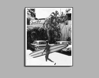 Vintage Surf in Hawaii Poster, Surfboard Wall Art, Black and White, Vintage Photography, Summer Poster, Beach House Decor, Digital Download
