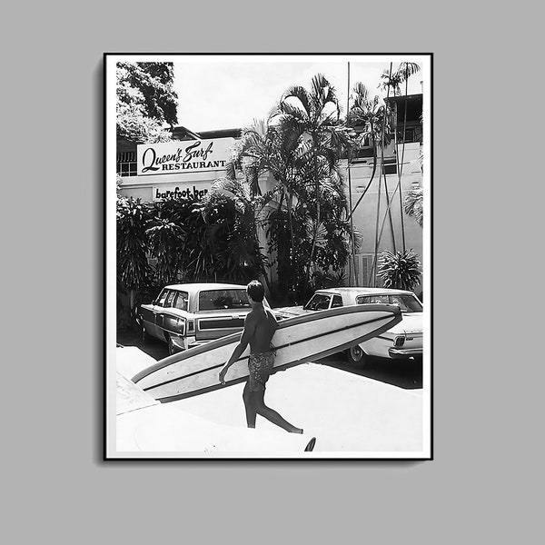Vintage Surf in Hawaii Poster, Surfboard Wall Art, Black and White, Vintage Photography, Summer Poster, Beach House Decor, Digital Download