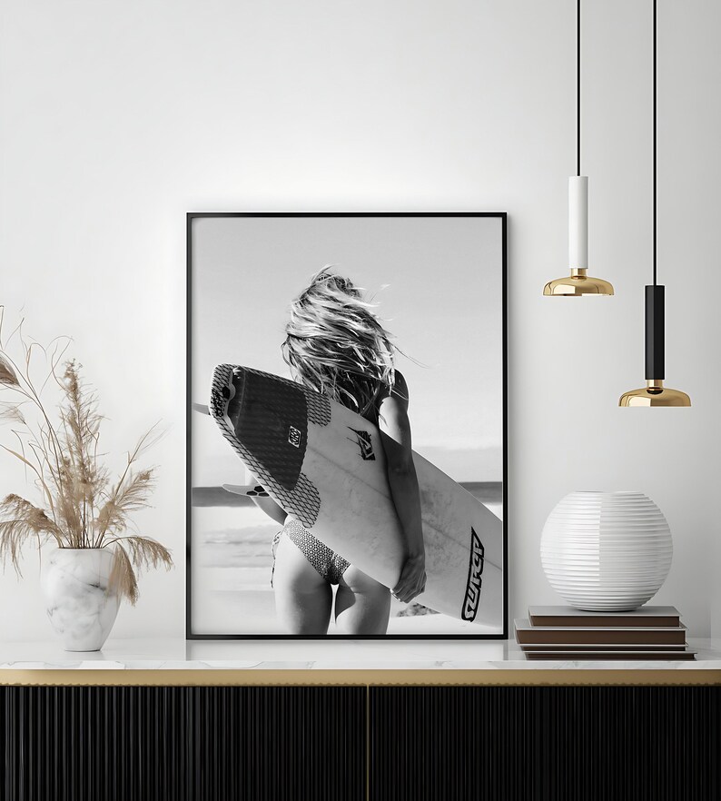 Surfer Girl Poster, Black and White, Digital Download, Vintage Surfer