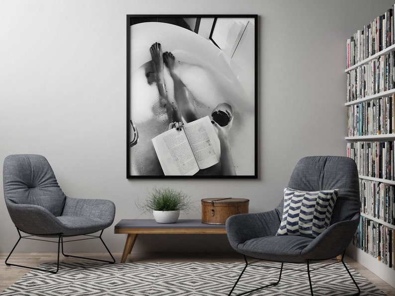 Woman Drinking Wine & Reading in Bathtub Print, Feminist Poster, Black and White, Cocktail Wall Art, Girls Bathroom Decor, Digital Download