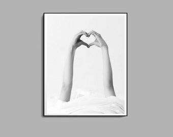 Woman with Heart in Bed Print, Feminist Poster, Black and White, Bedroom Wall Art, Self Love Print, Teen Girl Room Decor, Romantic Wall Art