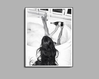 Feminist Poster, Woman Drinking Wine in Bathtub Print, Black and White, Bathroom Wall Art, Girls Bathroom Decor, Wine Poster, Bathtub Poster