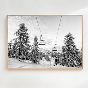 Ski Lift Print, Black And White, Snowy Mountain Wall Art, Ski Lodge Decor, Vintage Apres Ski Poster, Digital Download, Fine Art Photography
