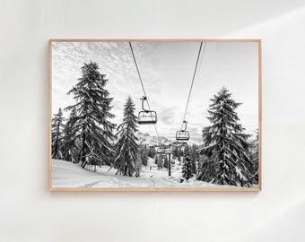 Ski Lift Print, Black And White, Snowy Mountain Wall Art, Ski Lodge Decor, Vintage Apres Ski Poster, Digital Download, Fine Art Photography