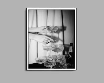 Champagne Glasses Print, Black and White, Vintage Bar Poster, Digital Download, Cocktail Wall Art, Bar Cart Print, Alcohol Print, Wall Decor