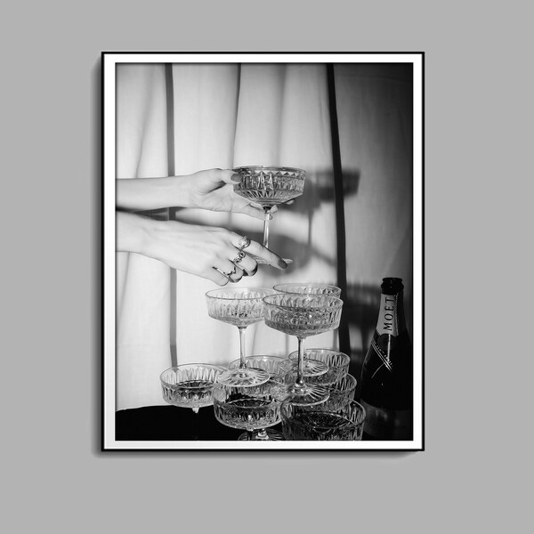 Champagne Glasses Print, Black and White, Vintage Bar Poster, Digital Download, Cocktail Wall Art, Bar Cart Print, Alcohol Print, Wall Decor