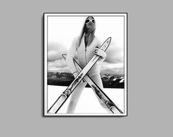 Vintage Woman Ski Poster, Black and White, Vintage Photo, Fashion Print, Skiing Wall Art, Ski Lodge Wall Decor, Winter Printable Wall Art