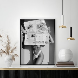 Woman Reading Newspaper Print, Black and White, Fashion Wall Art, Luxury Poster, Digital Download, Photography Prints, Summer Poster