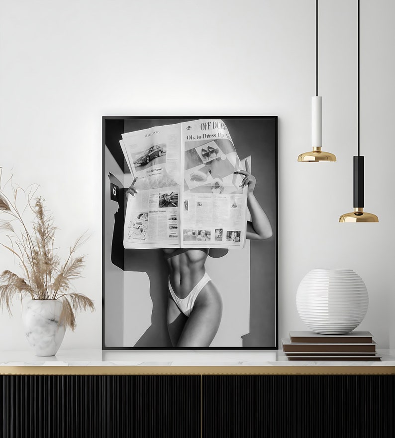 Woman Reading Newspaper Print, Black and White, Fashion Wall Art, Luxury Poster, Digital Download, Photography Prints, Summer Poster