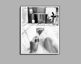 Woman Drinking Wine in Bathtub Print, Black And White, Bathroom Decor, Feminist Poster, Feminine Wall Art, Digital Download, Bathroom Poster