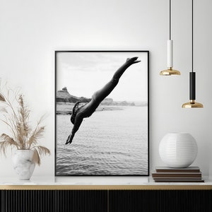 Woman Swimming Print, Black and White, Beach Photography, Diving, Feminist Poster, Girls Bedroom Decor, Printable Wall Art, Digital Download