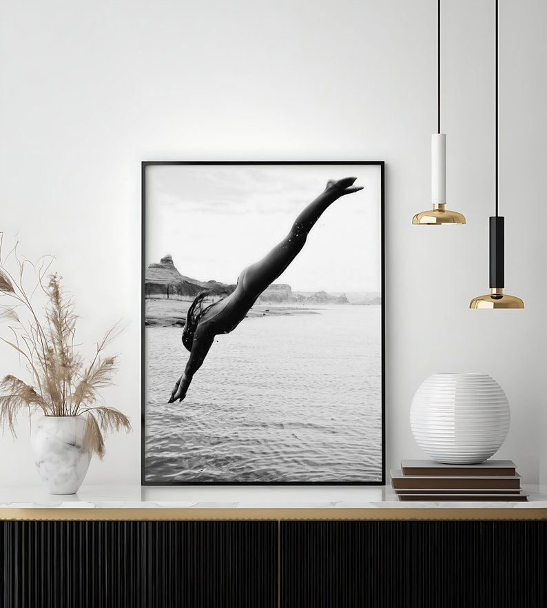 Woman Swimming Print, Black and White, Beach Photography, Diving, Feminist Poster, Girls Bedroom Decor, Printable Wall Art, Digital Download